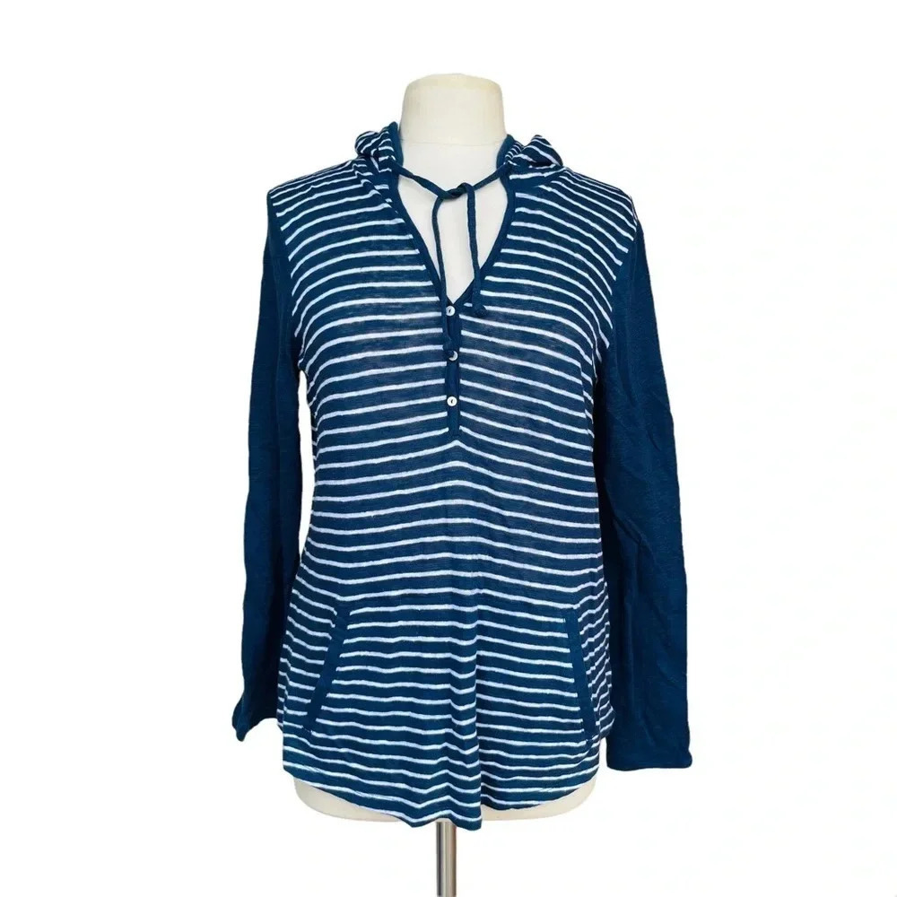 J.Jill S Blue White striped Linen blend Tunnel Pocket Roll-tab Sleeve Hooded Top